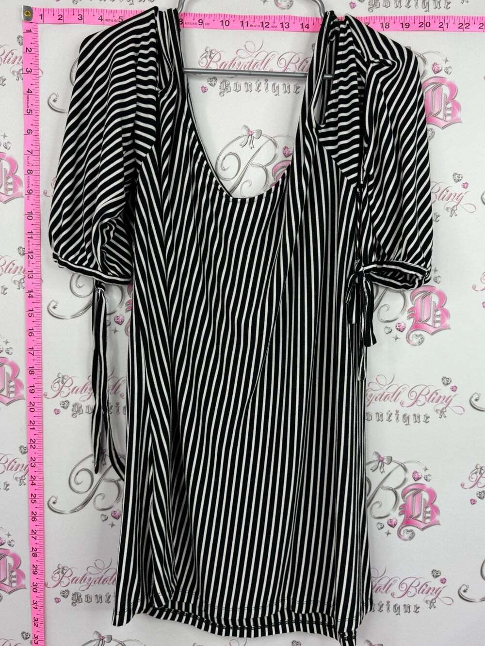 POINTELLE shirt Black & White Striped Scoop Neck Tunic with Puff Sleeves